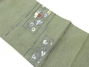 手織り紬変わり横段に草花模様織出し名古屋帯